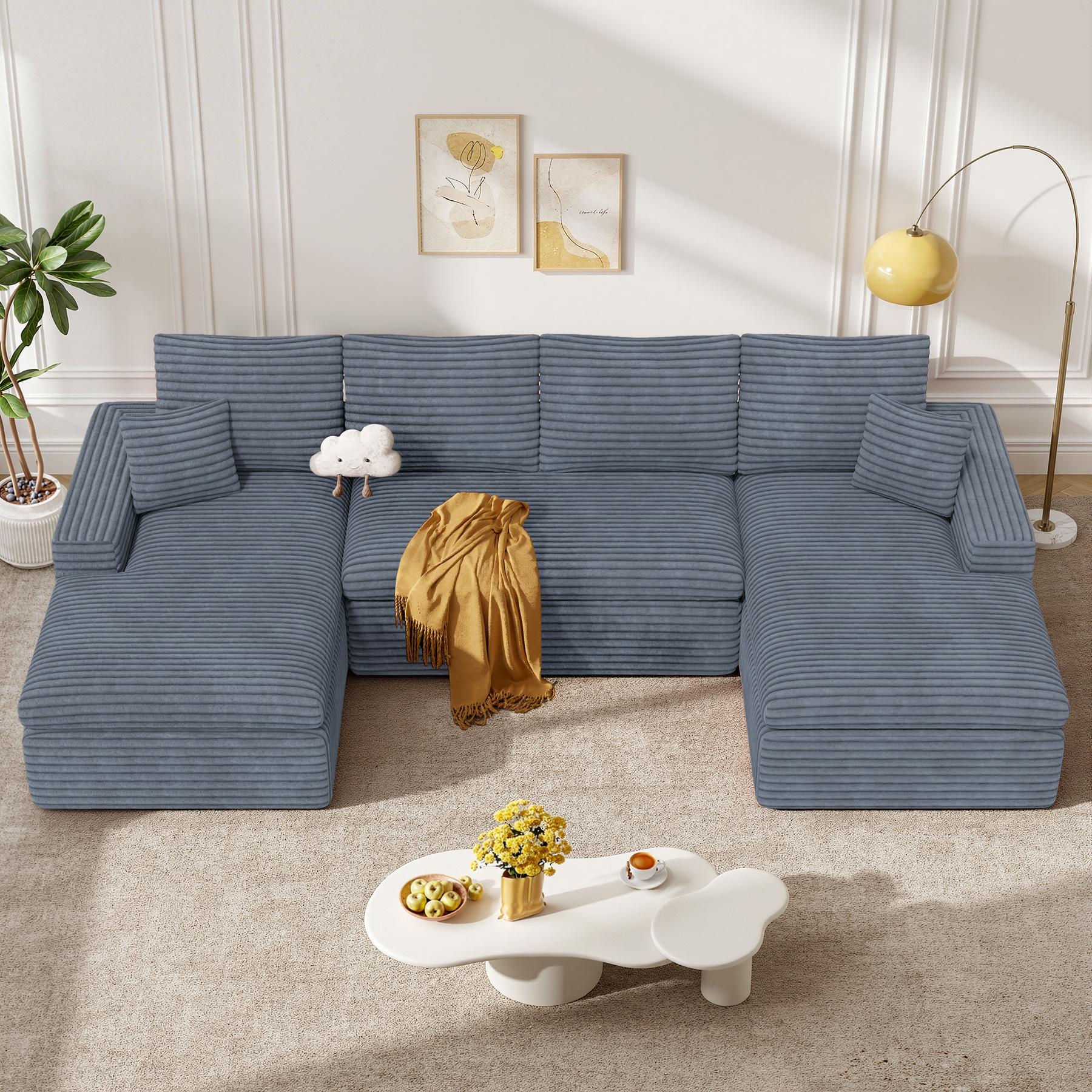 134" U Shaped Modular Sectional Sofa, Oversized Boneless Couches for Living Room,No Assembly Required Corduroy Cloud Couch with Chaise Lounge