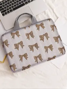 Leopard Bowknot Pattern Notebook Bag, Soft Laptop Sleeve, Tablet Case, Zipper Storage Pouch, Casual Style, All Seasons