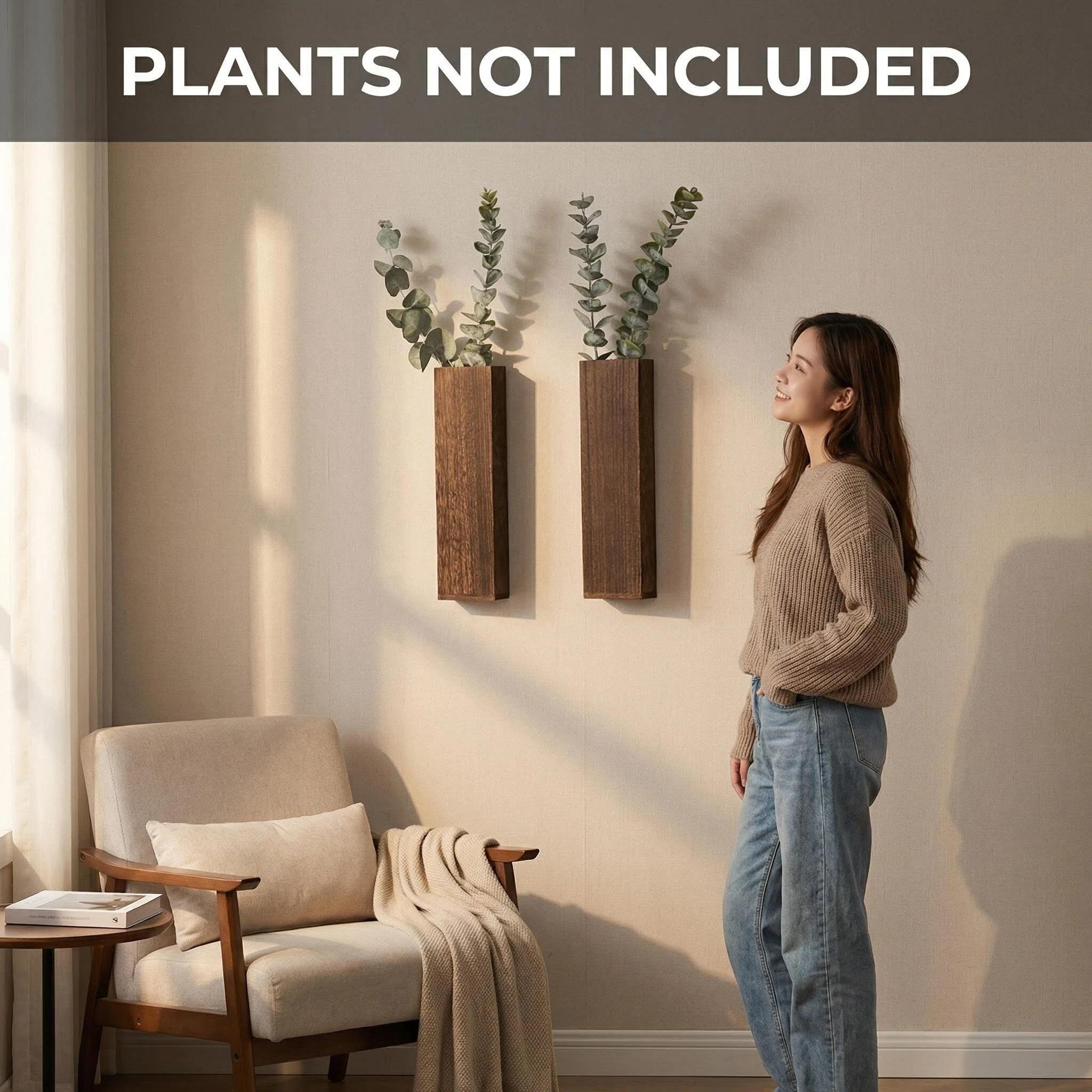 2 Pcs Wooden Wall Vase, Boho Wall Decor Planter for Dried Flowers, PLANTS NOT INCLUDED