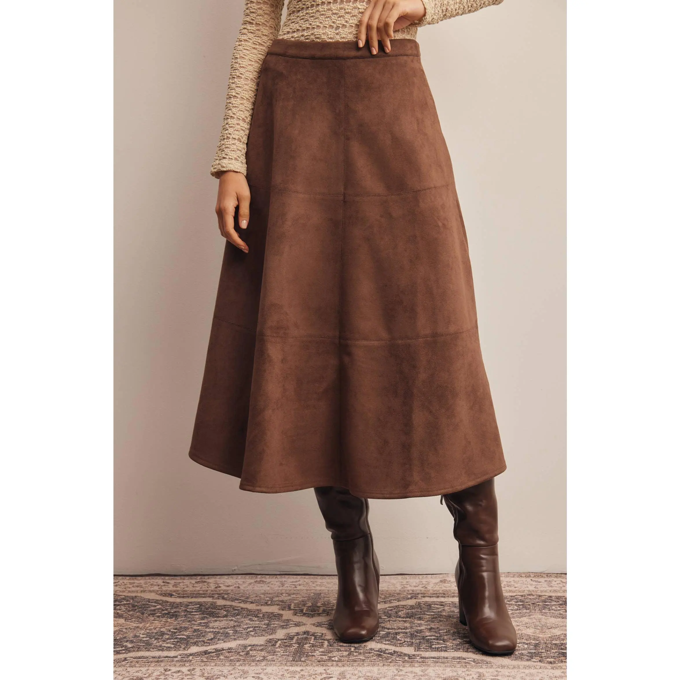 Stretched Suede A-Line Midi Skirt
