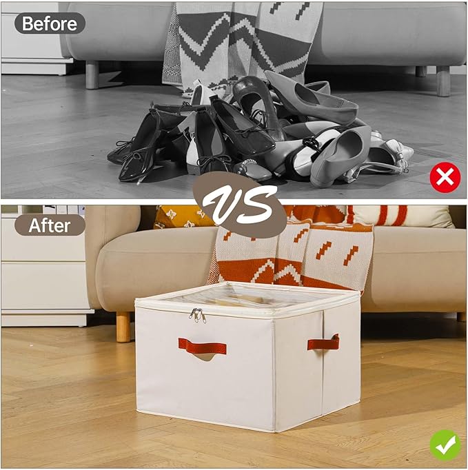 Shoe Storage Box Organizer with Adjustable Dividers Transparent Cover Handles on 3 Sides Beige 17x17x12.5 Inches for Efficient Storage