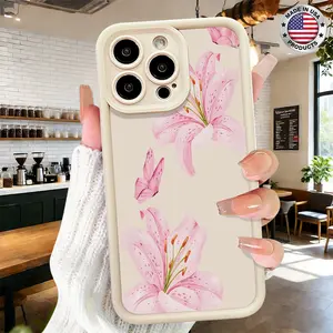 Cute Pink Lily Floral Pattern Aesthetic Case for iPhone 17 16 15 14 Pro Max 13 12 11 XR XS Plus Air Slim Lightweight Shockproof Anti Drop Protective Durable TPU Cover