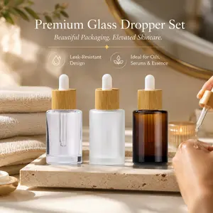 Refillable Glass Dropper Bottles 3 Pack, Clear Frosted Amber Cosmetic Bottles for Facial Oil, Serum, Essential Oil & DIY Skincare