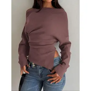 [LTO]Women'S Casual Fashion Asymmetrical Neckline Long-Sleeve Sweater, Slim-Fit Thin Knit Top For Fall, Plain Design Knitwear