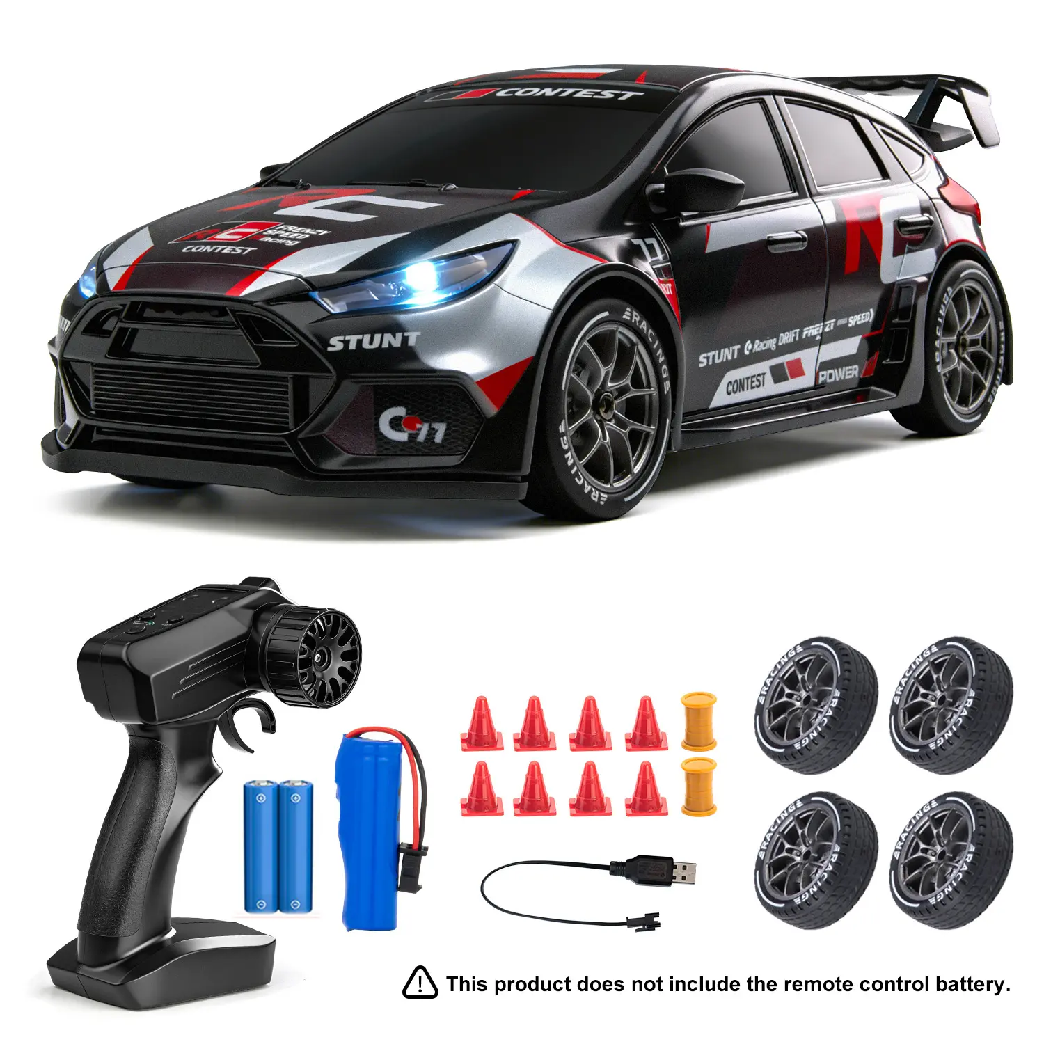 RC Drift Car, 1:24 Remote Control Car for Kids, 4WD High Speed RC Cars with LED Lights, Two Batteries, Extra Drifting Tires, Vehicle for Adults Boys Girls