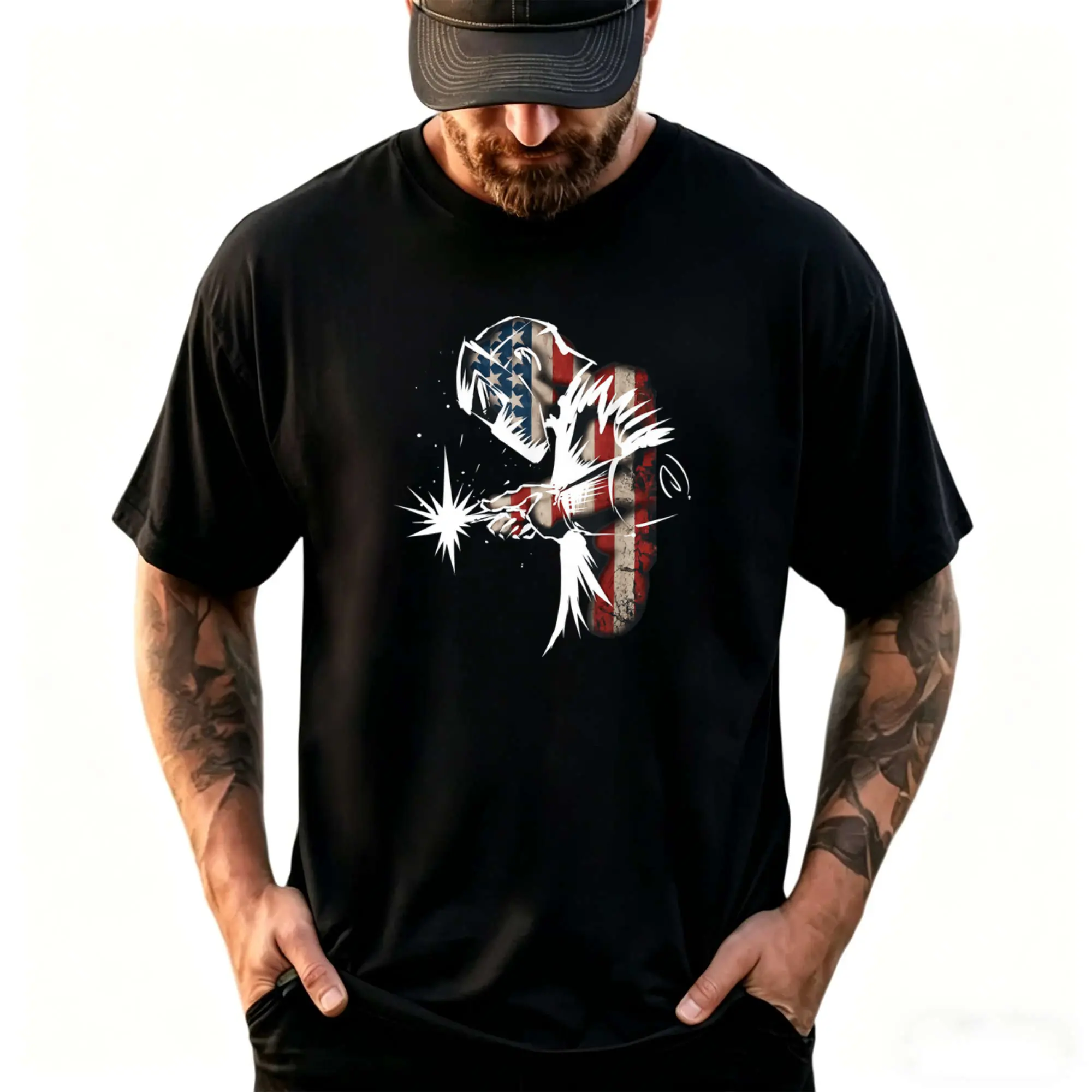 Men'S Welder American Flag T-Shirt - Heavyweight Crew Neck Short Sleeve with Welding Sparks & Welder Symbol, Slight Stretch All-Season Workwear Casual Tee for Welding Enthusiasts, Welding Gifts for Men, Patriotic Welding Apparel