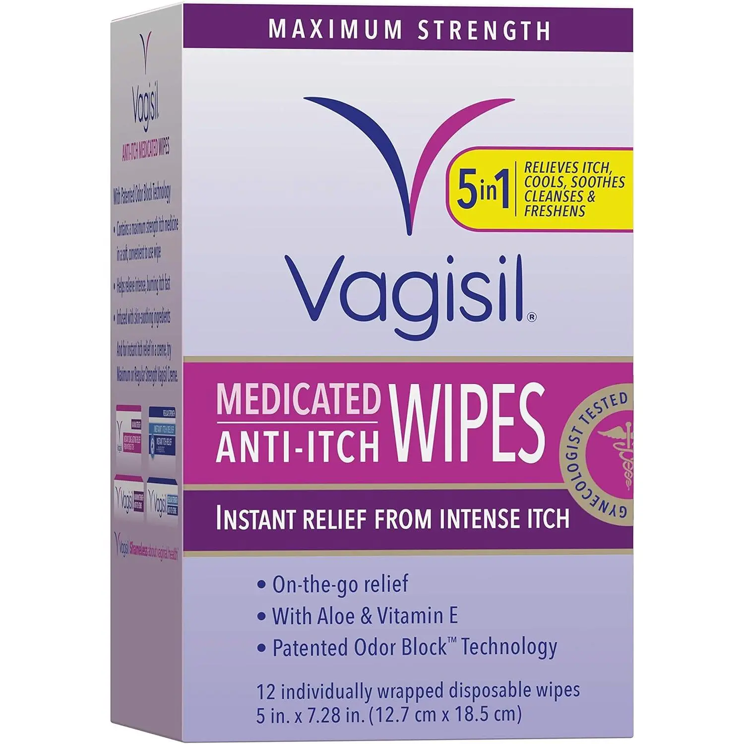 Anti-Itch Medicated Feminine Intimate Wipes for Women, Maximum Strength, Gynecologist Tested, 12 Wipes (Pack of 1)