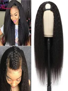 24 Inch Kinky Straight U Part Wig Black Yaki Straight Synthetic U Part Wig Clip In Half Wigs for  Women  U Shape Glueless Wigs, Natural Looking Wig, Glueless Hair Wigs, Synthetic Material Wigs