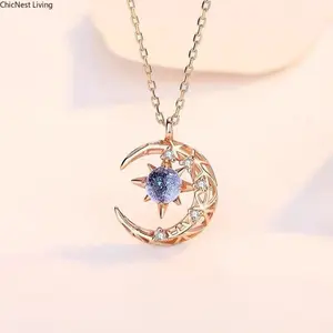 Exquisite Fashion Dream Star Sun Moon Moonlight Stone Necklace for Women Collar Chain Wedding Party Jewelry Gift  Wholesale