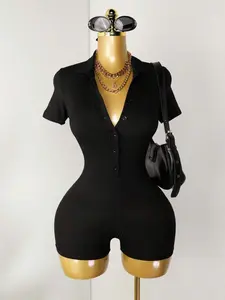 【Plus-Si】1 Piece Black Ribbed Polo Collar Button Front Bodycon Romper, Y2K Streetwear Style, Stretchy Slim-Fit Fabric & Short Sleeve Detail, For Curvy Women, Perfect for Night Out, Clubbing & Casual Street Style, Women's Plus-Size Ribbed Rompers