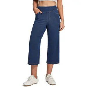 Stretchy Capri Jeans for Women Pull On Denim Capris High Waisted Cropped Wide Leg Capri Pants for Women with Pockets