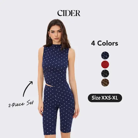 Cider 2-Piece Set Cotton-blend High Neck Polka Dot Asymmetrical Hem Top & Mid Rise Capri Pants Casual Womenswear Set Sporty Style