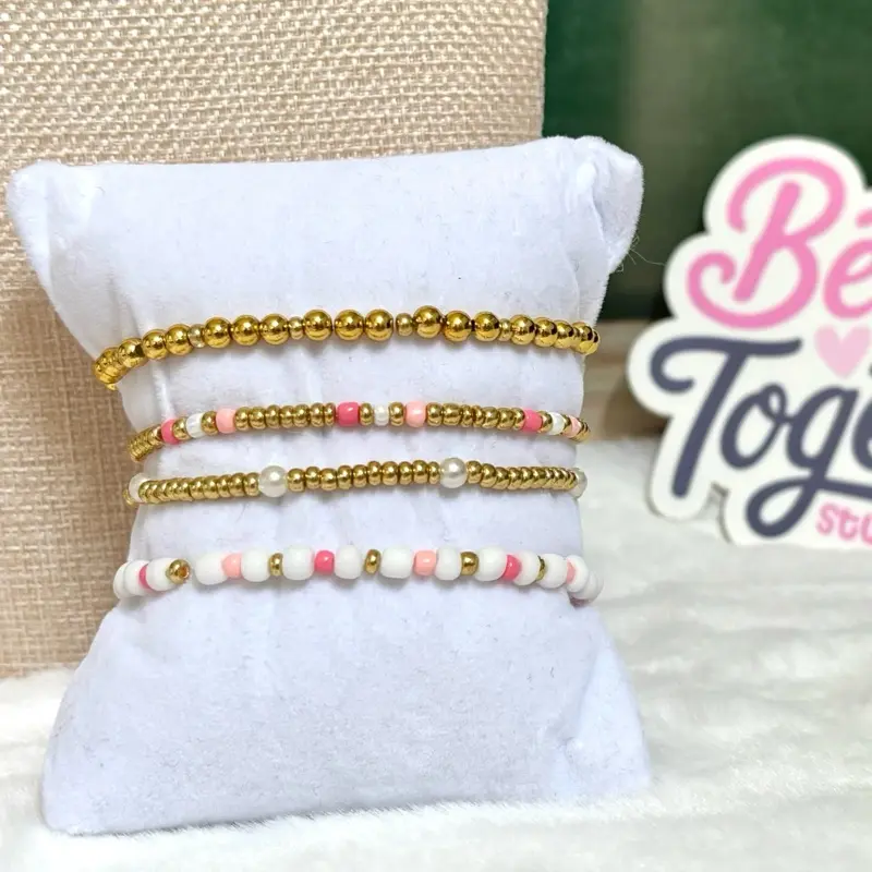 The Everblush Stack | Gold Bracelets | Handmade Stackable Bracelets | Gold & Pearl Bracelets | Pink Beaded Bracelets | Stretch Bracelets