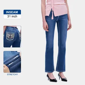 Mid Rise Bootcut Jeans with Embroidered Back Pockets Dark Blue Five Pocket Design Zip Fly Closure for Everyday Wear