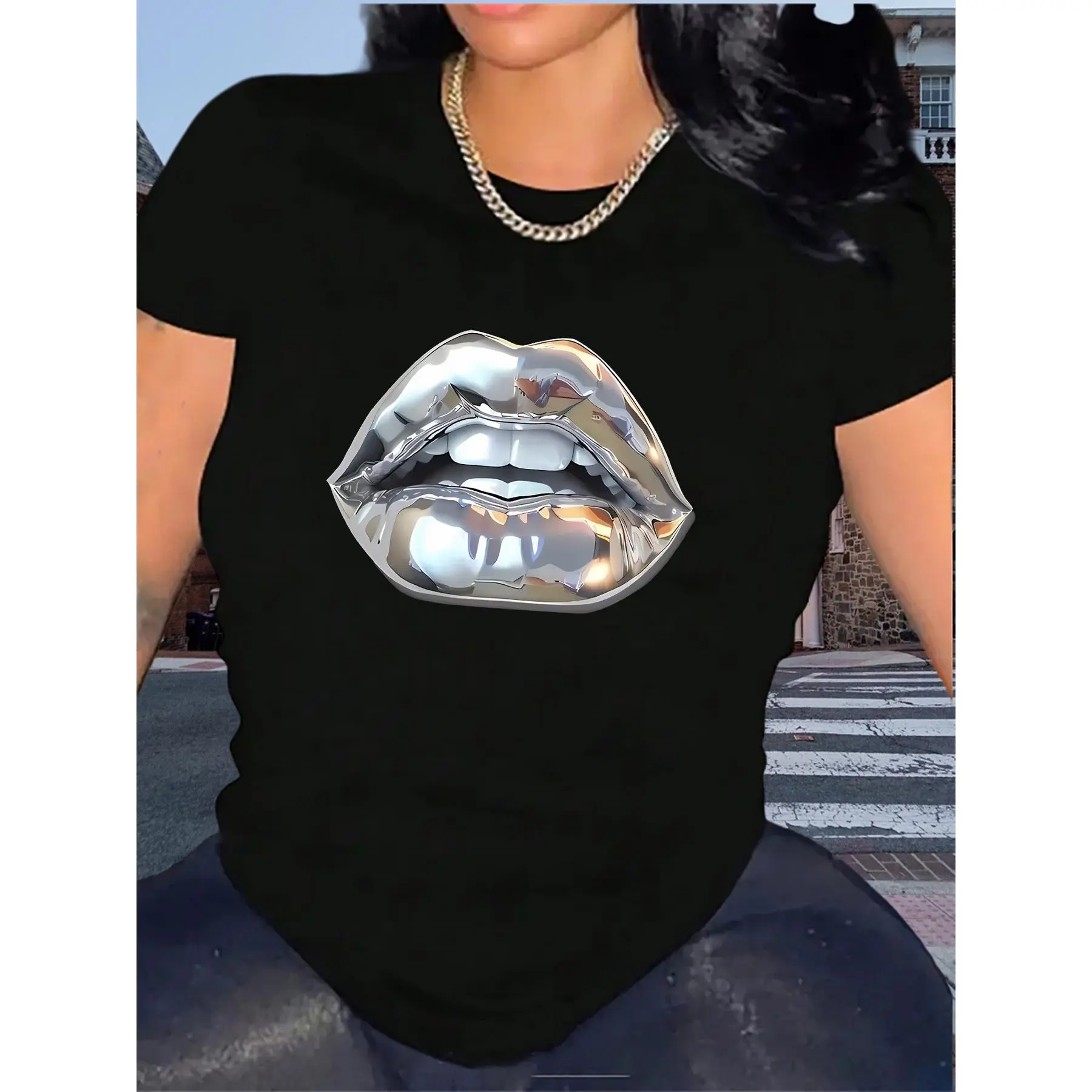 Women's Black T-Shirt with Silver Metallic Lips Print, Round Neck Short Sleeve Graphic Tee, Trendy Casual Top for Fashion Forward Statement Look, Perfect for Summer, Street Style, Party, or Everyday Wear, Premium Quality Fabric for Comfort