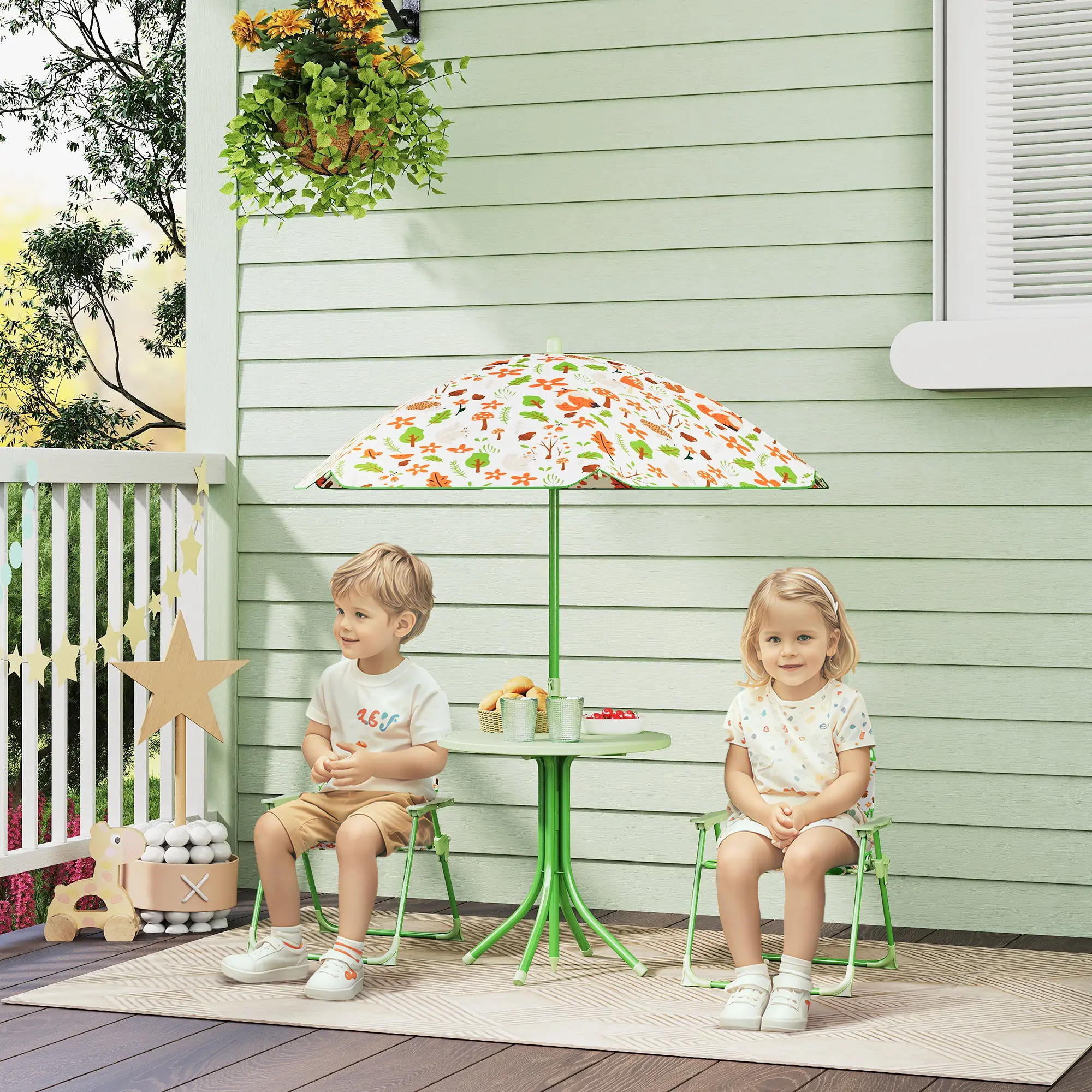LIKESHOPPE Kids Picnic Table & Chair Set - Outdoor Garden Children's Furniture with Foldable Chairs, Umbrella, 19.7" H × 19.5" Diameter Steel Frame, Birthday Gifts Option, 19.1" L × 14.4" W × 2.4" H