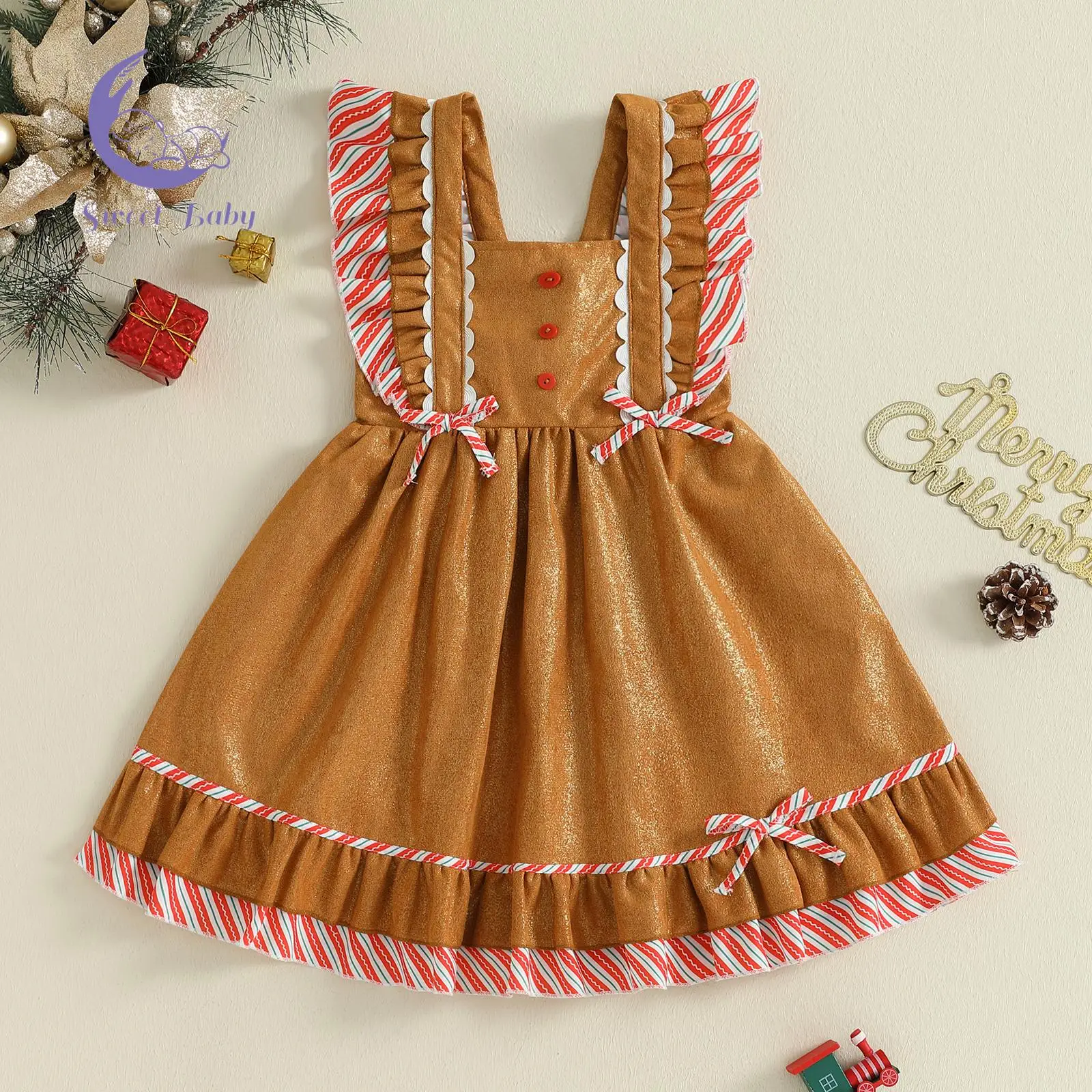 Toddler Girl Gingerbread Man Dress Flying Sleeve Square Neck A-Line Dress for Christmas Party rosemarys baby dress