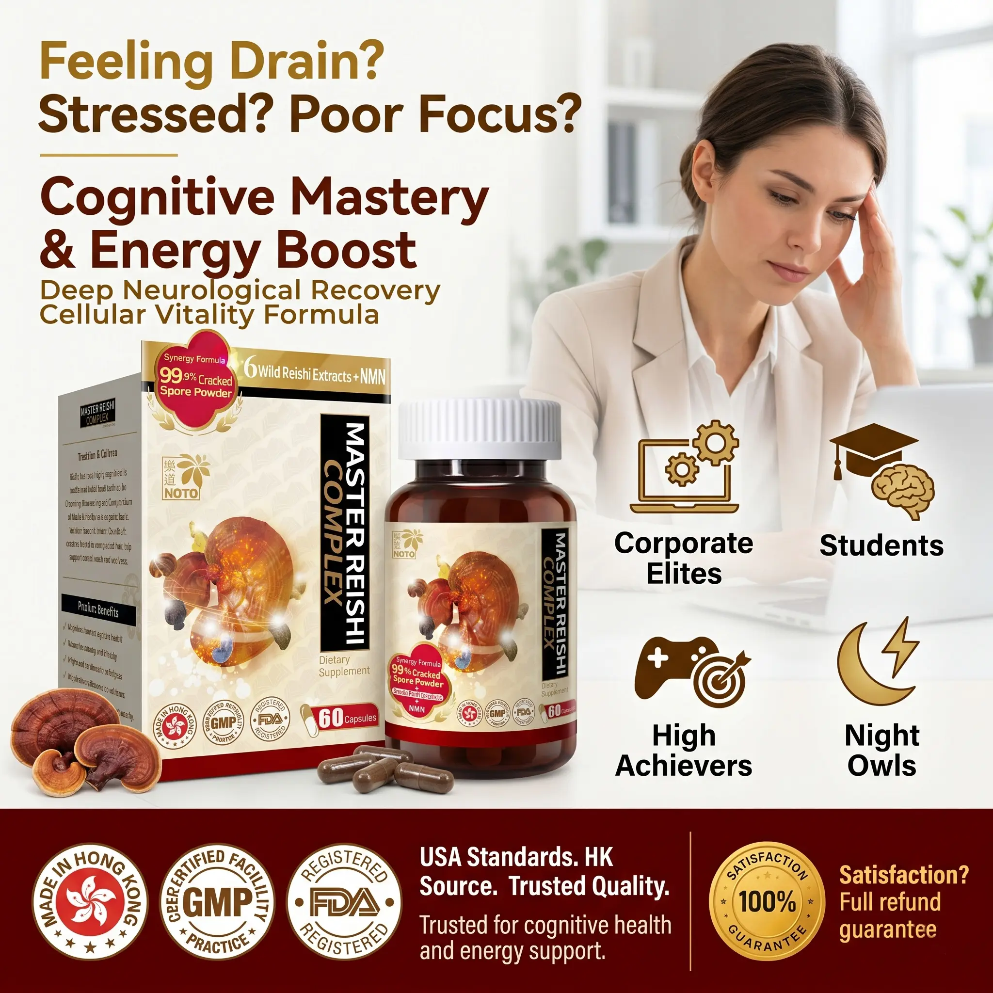 Brain Booster Cognitive Support Supplement - Sugar Free Brain Energizing Vitamins for Adults, Reishi Mushroom, Neurological Energy, Memory, Focus, Mental Clarity, Calm & Sleep Support, Cellular Health, 60 Capsules, Father’s Day Gift for Husbands, Advanced