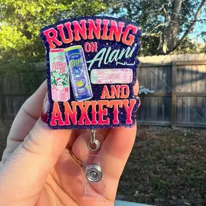 Running on Alani and anxiety cotton candy funny. glitter retractable badge reel or fridge magnet.teacher/student ID-medical badge-nurse-