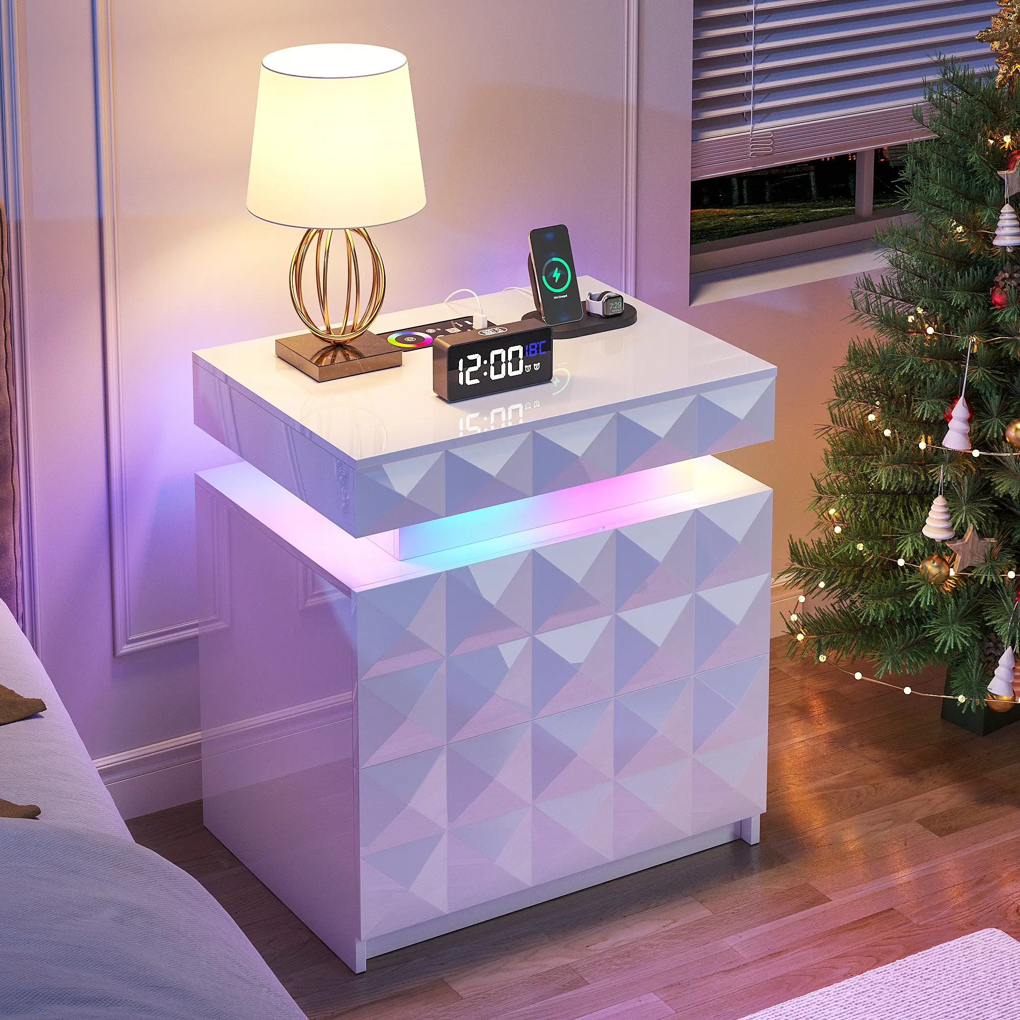 FREDEES Modern LED Bedroom Nightstand Side Table - Diamond Cut Certified Wood, 3-Drawer Lockable Hidden Storage, Motion Sensor RGB LED Strip, App Control Charging Ports, White Assembly-Required Smart Indoor Furniture