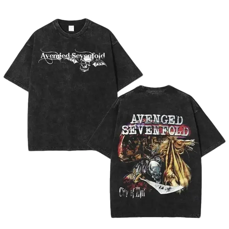 Men's Avenged Sevenfold City of Evil Oversized Washed Heavyweight Soft Cotton Short-Sleeve T-Shirt - Gothic Heavy Metal Graphic Apparel, Classic Breathable Seamless Fabric, Distressed Streetwear, Vintage Gift
