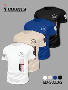 Men's American Retro Flag Print Short Sleeve T-Shirt Set, Breathable Slim Fit Patriotic Streetwear Fashion, 4-Piece Casual Top Collection