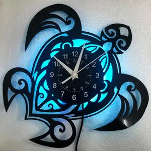 Turtle Vinyl Wall Clock, 11.81in 7-Color LED Silent Clock, Vintage Home Decor, Suitable for Bedroom Living Room Office Playground, Creative Decorative Clock