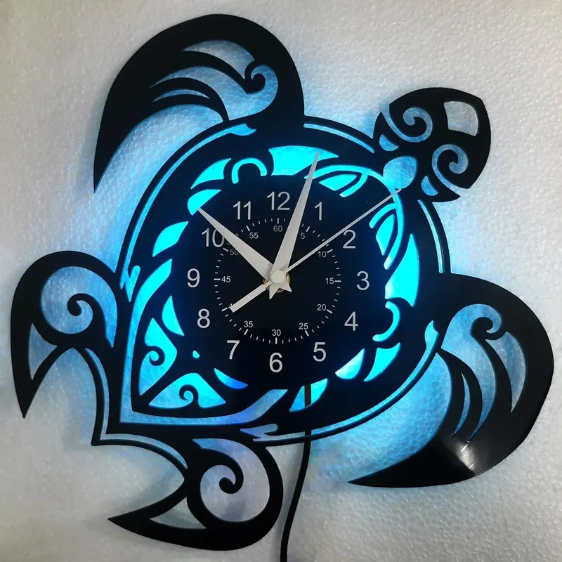 Turtle Vinyl Wall Clock, 11.81in 7-Color LED Silent Clock, Vintage Home Decor, Suitable for Bedroom Living Room Office Playground, Creative Decorative Clock, Clocks for Living Room