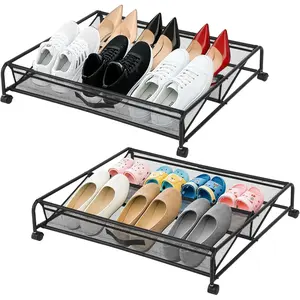 Bed Shoe Organizer, 2-Pack Mesh Drawers with Wheels – Rolling Underbed Shoe Organizer for Saving Bedroom Organization (Black)