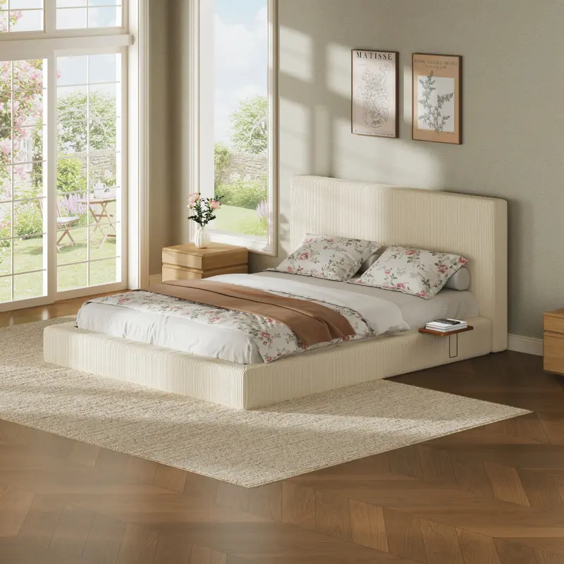 Queen Size Corduroy Upholstered Cloud Bed Frame with Adjustable Sliding Side Tables, 8.7" Compressed Foam Cushion, Low-Profile Anti-Collision Design, Squeak-Free Cold-Rolled Steel Base, No Box Spring Needed, Easy A