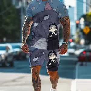 Men’s Graphic Print T-Shirt and Shorts Set – Casual Polyester Two-Piece Outfit