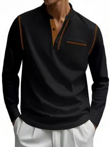 Men's Henry Long Sleeve Shirt, Button Neck Casual T-Shirt, Pocketed Daily Wear Fashion Top, Essential Stylish Clothing