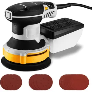 Orbital Sander Corded Hand Sander: 5" Random Orbital Sander with Dust Box, 6 Various Speeds Electric Palm Sander with Dust Box, 16Pcs Sandpapers for Woodworking & Sanding-Yellow