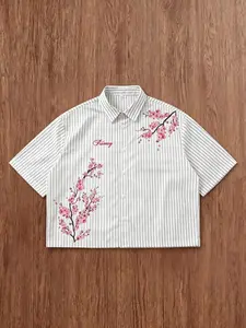 1 Pc Short Sleeve Button Down Shirt Casual Streetwear Vertical Striped Floral Cherry Blossom Print Unisex Top for Summer Daily Wear
