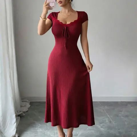 Women's Lace Patchwork Bodycon Dresses, Stretchy Ribbed Womenswear Fashion Dress, Perfect for Casual Daily Wear, Ideal Gift for Her, Casual Everyday Wear