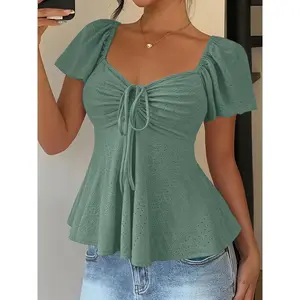 Women's Y2K Solid Color Jacquard V Neck Drawstring Crop Top Spring Summer New Arrival Breathable Dry Fit Long Sleeve UV Protective Active Gym Yoga Compression Shirt