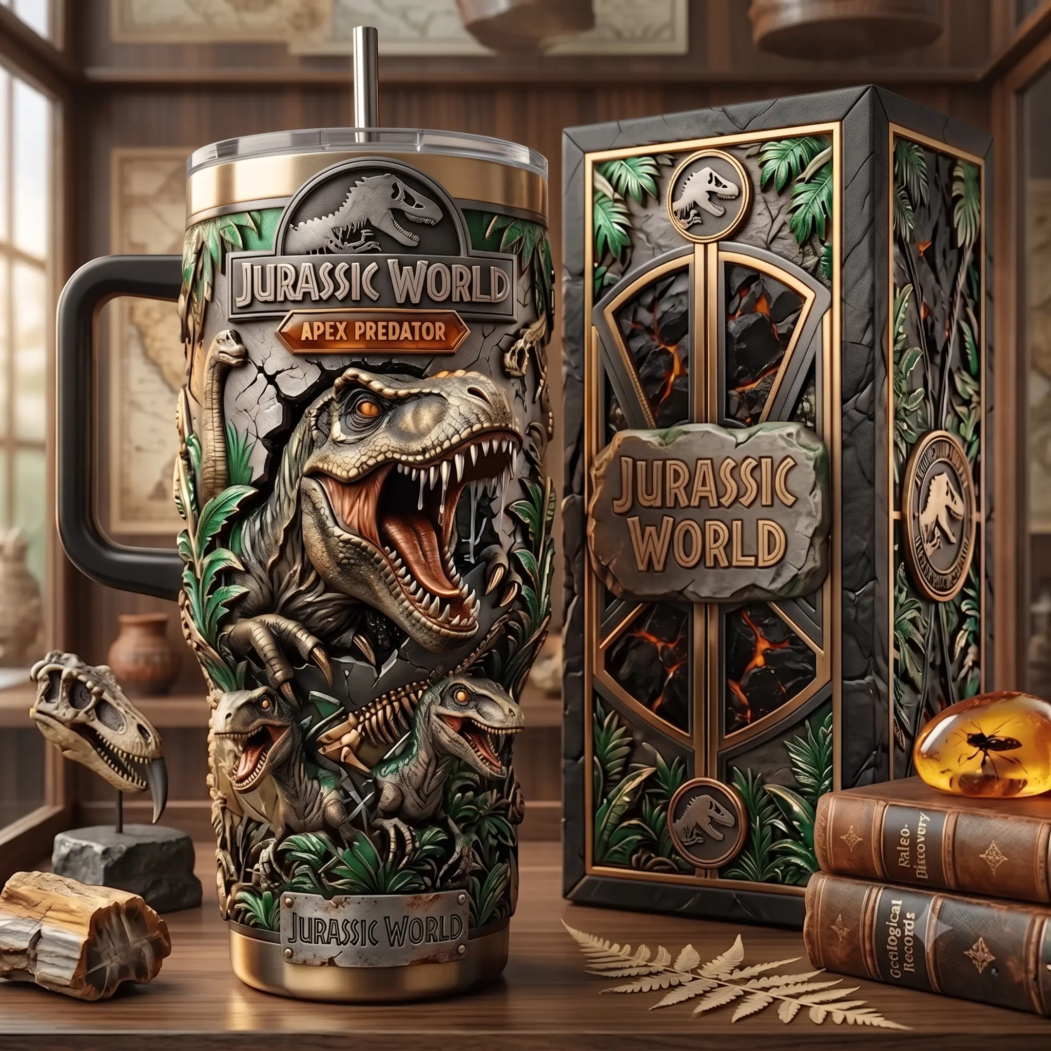 The Jurassic World Apax Predator Dinosaur 40oz Insulated Tumbler With Handle & Straw, Tyrannosaurus Rex Collector Edition Stainless Steel Travel Mug, T-Rex Movies Cup, The Jurassic World Fan Gift