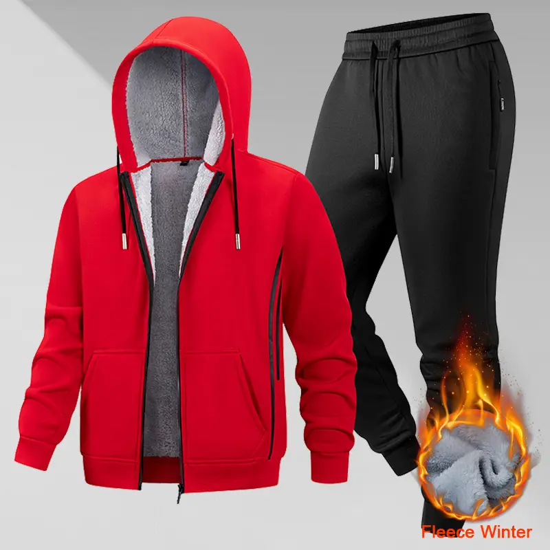 Men’s winter two-piece fleece casual set, zip-up hooded jacket + drawstring sweatpants; comfortable, practical men’s set with thick fleece lining for warmth; loose fit suitable for everyday wear at home, walking, commuting, and sports.
