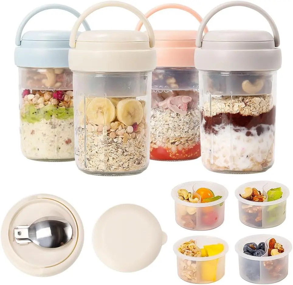 Overnight Oats Containers with Handles, 16 oz Jars with Lids, Folding & Topping Compartments, Yogurt Parfait Cups for Meal Prep, Chia Pudding, Breakfast, 4 Pack