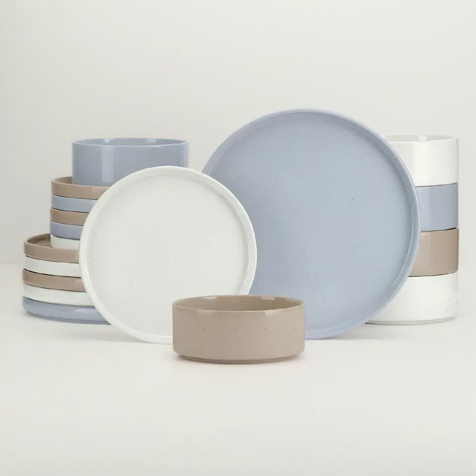 Modern 6-Person 18-Piece Straight Edge 25oz Glossy Lead-Free Clay Stoneware Dinnerware Set, Speckled Multicolor, Chip & Scratch Resistant, Heat Resistant, Oven/Microwave/Dishwasher Safe, with Serving Scoop for Kitchen Dining & Guest Entertaining, Tablewar