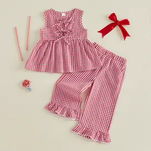 Afunbaby Toddler Baby Girls Summer Clothing Set Bow Tie Front Plaid Tank Tops with Ruffle Pants 2Pcs Outfits Set