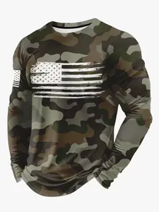 Men's Camo Print Fashion Sport Long Sleeve T-Shirt, Slim Fit Casual Graphic Tee, All Seasons Fitted H-Type Top, Athletic Style Activewear, Gym Camouflage