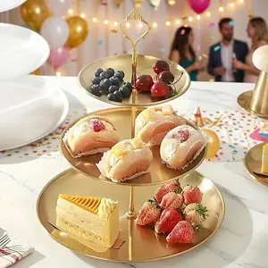 1PC 3-Tier Stainless Steel Fruit & Dessert Display Stand - Elegant Round Serving Tray For Home Kitchen Bakery Hotel Banquet Food Presentation Durable Metal Multi-Layer Storage Holder Stylish High-End Photo Prop