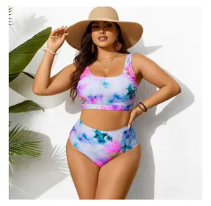 Plus Size Bikini Swimsuit Women - Tie Dye High Waisted Bottom & Crop Top - Colorful Two Piece Bathing Suit for Teens & Women - Sporty Swimwear for Beach, Pool, Vacation