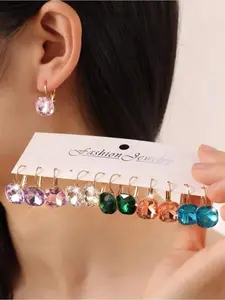 A set of 6 square colored diamond-encrusted earrings, elegant glass crystal pendant earrings, a stylish gift for friends, suitable for everyday wear.