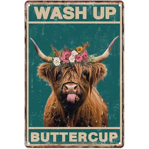 Sanwarm Metal Sign 8X12 Inch, Wash Up Buttercup Funny Highland Cow Vintage Tin Sign Wall Art Decor For Home, Bathroom, Toilet Decoration