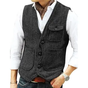 Men's Vintage Herringbone Wool-Blend Tweed Vest with Multi-Pockets: Elevate Casual & Outdoor Styles for Daily Errands & Weekend Adventures