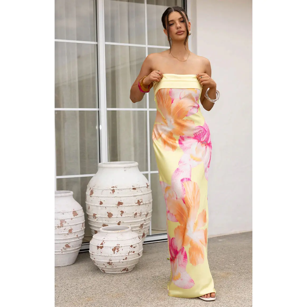 strapless open back dress Sylina Pink Hibiscus Floral Print Square-Neck Midi Dress With Drop W – Club  L London main image 1