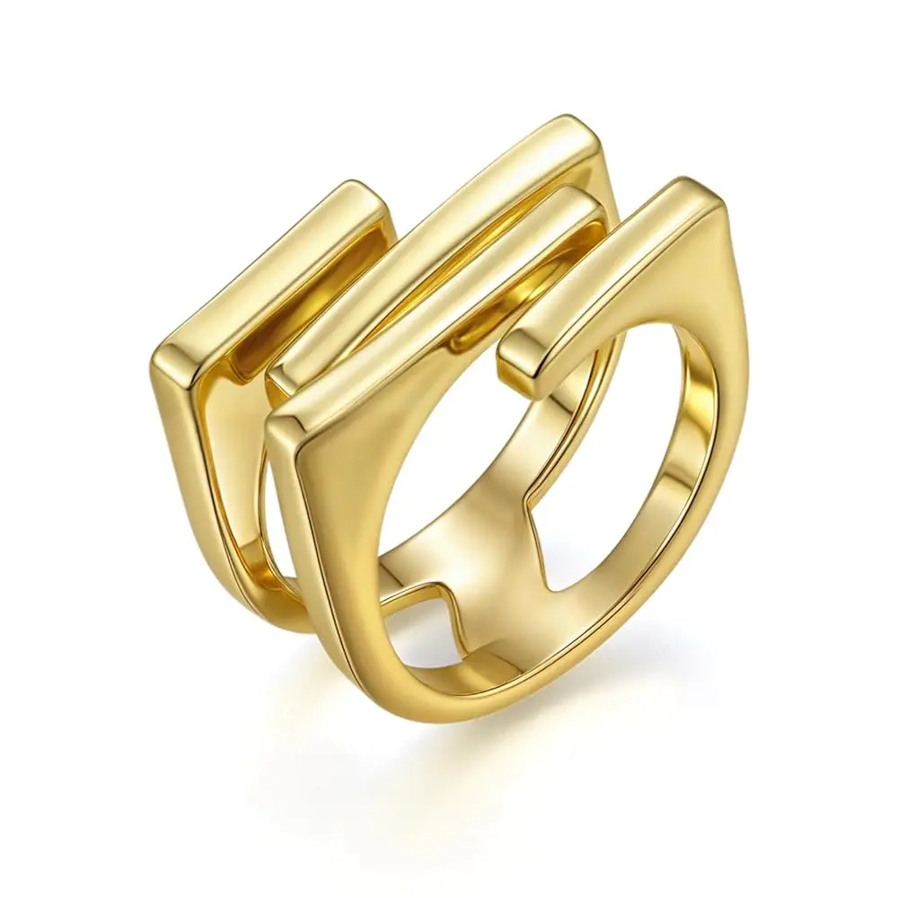 Aprilery Geometric Double-Layered Gold-Toned Ring, Fashion Jewelry for Daily/Party Wear