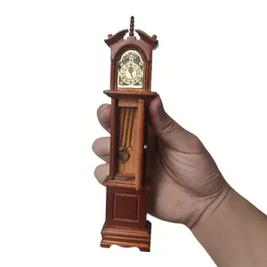 Vintage Mini Wooden Floor Clock for Dollhouse - 1:12 Scale, Dark Brown Solid Grandfather Clock with Roman Numerals & Swinging Mechanism, Perfect for Display | Ornate Carving | Fine Craftsmanship